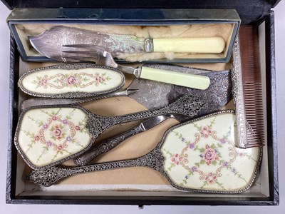 Lot 59 - Vintage Needlepoint Dressing Table Set, fish...