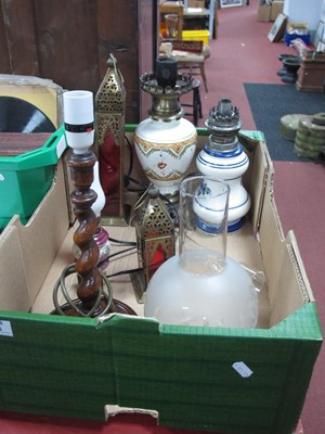 Lot 1066 - Oil lamps with glass chimneys, Barley twist...