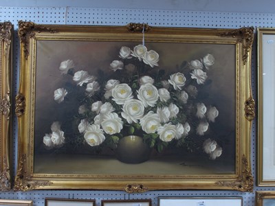 Lot 1531 - A large oil on canvas of white flowers in pot...