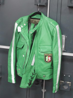 Lot 1465 - Green Leather Two Piece Motorcyclists Outfit,...