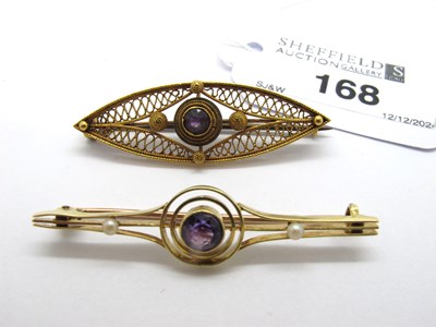 Lot 168 - An Antique Seed Pearl and Stone Set Bar Brooch,...