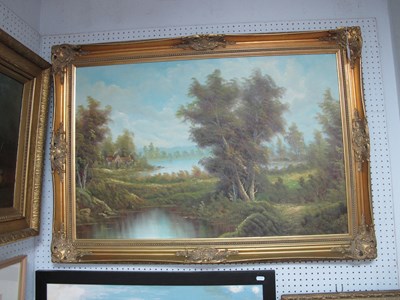 Lot 1438 - Countryside Scene with Cottage by Lake, oil on...