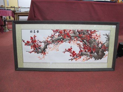 Lot 1308 - Oriental - Embroidered panel of prunus blossom,...