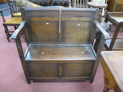 Lot 1544 - 1920s Oak Bench, with blind fret carved top...