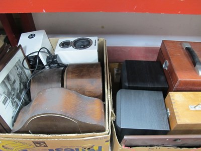 Lot 1080 - Microscopes, speakers, mantle clocks, pictures:...