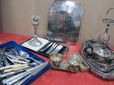 Lot 1063 - Cutlery, trays, teapot, candlestick and other...