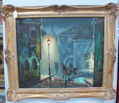 Lot 1483 - Kennedy?, Horse and Cart on a Gas-Lit Cobbled...