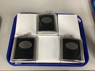 Lot 153 - Six Modern Stainless Steel 6oz Hip Flasks,...