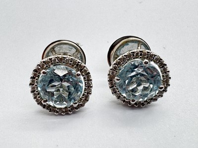 Lot 158 - A Pair of 18ct White Gold Diamond and Blue...
