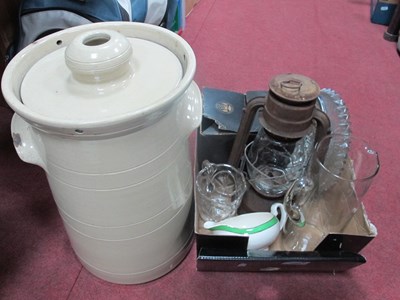 Lot 1073 - Stoneware Pickle Crock (Cracked), Storm Lamp,...