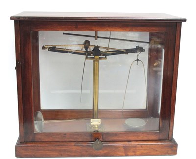 Lot 1429 - Laboratory Brass Scales, in a mahogany case,...