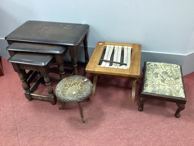 Lot 1567 - Oak Nest of Tables, oak stool, one other stool,...