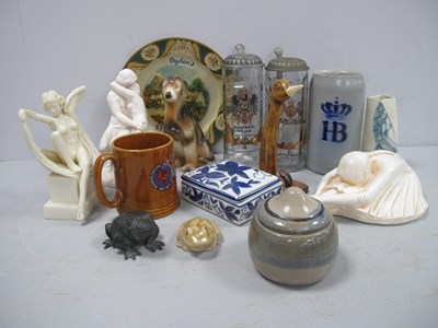Lot 1003 - Seated pottery ballerina, two glass German...