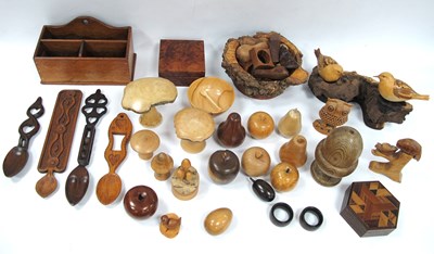 Lot 1373 - Elm Box 12cm Wide, Welsh love spoons, Padouk...