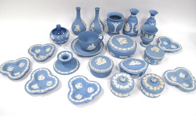 Lot 1150 - Wedgwood Powder Blue Jasper Ware Vases, lidded...
