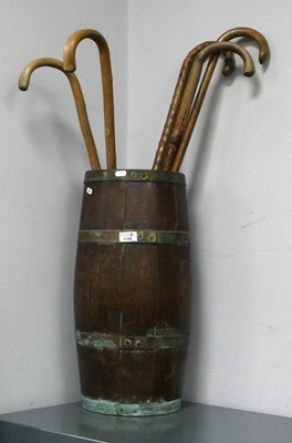 Lot 1139 - Brass-bound Oak Barrel, together with walking...
