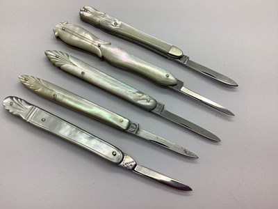 Lot 395 - Five Decorative Single Blade Quill Knives,...