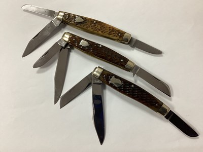 Lot 495 - Three Blade Folding Pocket Knives, brass lined...