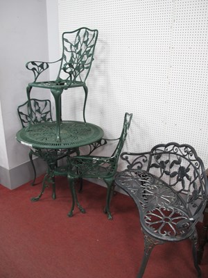 Lot 1489 - Three Green Painted Patio Chairs and Circular...