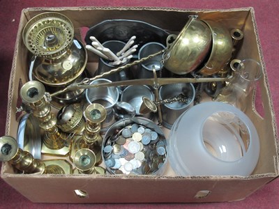 Lot 1046 - Brass Candlesticks (x 6), oil lamp converted...