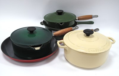 Lot 1440 - Le Creuset Red Frying Pan, and green enamel...