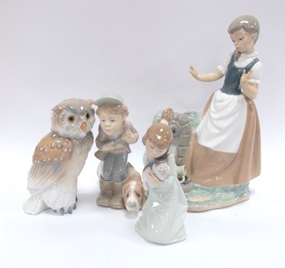 Lot 1170 - Nao Girl with broken vase figurine, owl...