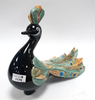 Lot 1179 - Gobel Pottery Peacock 27cm tall, 38cm long.