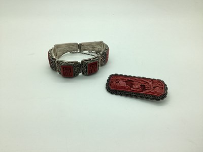 Lot 152 - Vintage Chinese Cinnabar Panel Brooch,...