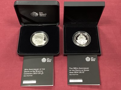 Lot 574 - Two Royal Mint UK Silver Proof £5 Coins, 2014...