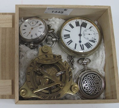 Lot 1445 - A wooden box containing brass sundial compass...