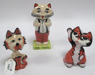 Lot 1407 - Three Lorna Bailey cat porcelain figurines:...