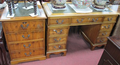 Lot 1692 - Yew Wood Pedestal Desk, with a crossbanded top,...