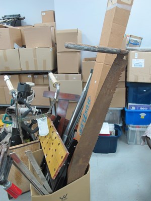 Lot 1101 - Work Bench, clamps, woodman's saw, T-square,...