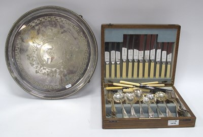Lot 1418 - Oak Canteen of Cutlery, silver plated circular...