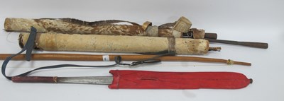 Lot 1561 - Home Made Archers Bow, four various arrows,...