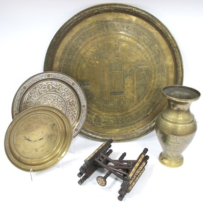 Lot 1425 - Islamic Brass Engraved Tray, 59cm, smaller...