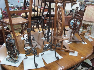 Lot 1682 - Two Wooden Spinning Wheels, iron fire dogs,...