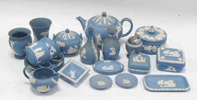Lot 1327 - Wedgwood Blue Jasper-ware, including a teapot,...