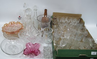 Lot 1020 - Glassware, including three cut glass decanters...