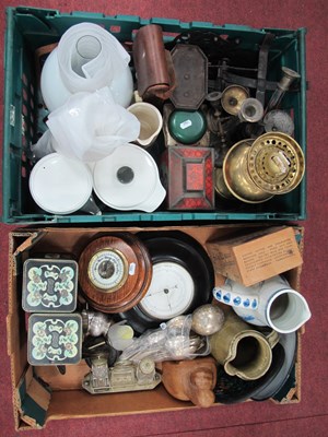 Lot 1540 - Barometers, cutlery, corkscrew, tins, oil lamp,...