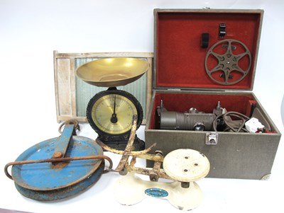 Lot 1172 - Skiffle Board, Pulley Wheel, scales (2), Bell...
