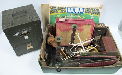 Lot 1133 - Oak Candlesticks, tin cash box, snapshot...