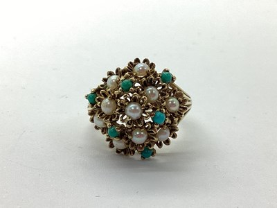 Lot 116 - A 9ct Gold Seed Pearl and Turquoise Set...
