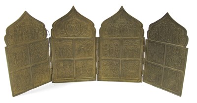 Lot 1427 - Russian Brass Tetraptych Folding Travel Icon,...