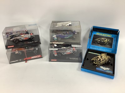 Lot 762 - Five 1:32 Scale Slot Cars by Scalextric, Ninco,...