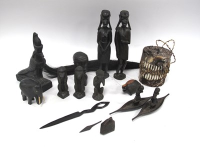 Lot 1399 - Ethnographica - Carved Hardwood Figures, drum,...