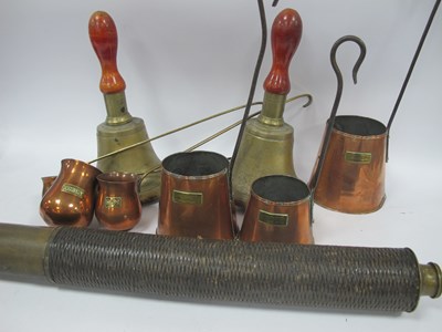 Lot 1504 - Brass Hand Bells (2), copper spirit toddies,...