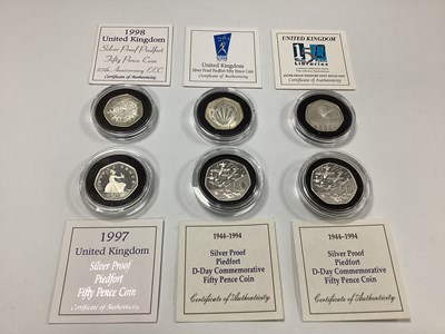 Lot 553 - Six Royal Mint Silver Proof Piedfort 50p Coins,...