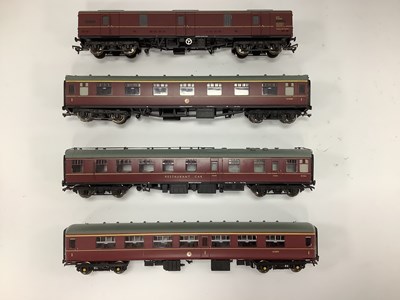Lot 172 - Four 00 gauge maroon coaches by Bachmann: a...