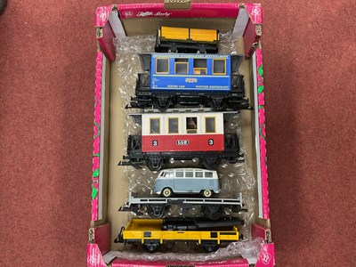 Lot 566 - Five items of LGB G scale rolling stock: two...